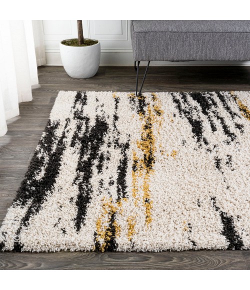 LONDON SHAG Area Rug Nova Modern Bold Strie' Shag Beige/Black/Yellow 8 ft. x 10 ft. Area Rug