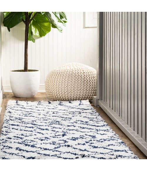 LONDON SHAG Area Rug Sineu Moroccan Diamond Shag Beige/Navy 2 ft. x 8 ft. Runner Rug