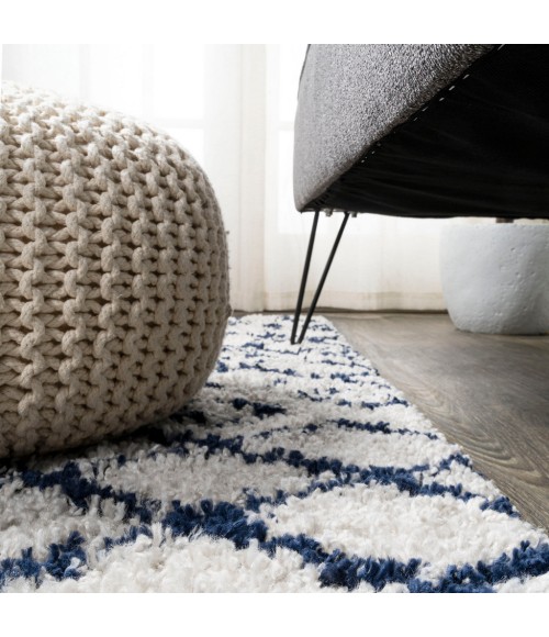 LONDON SHAG Area Rug Sineu Moroccan Diamond Shag Beige/Navy 2 ft. x 8 ft. Runner Rug