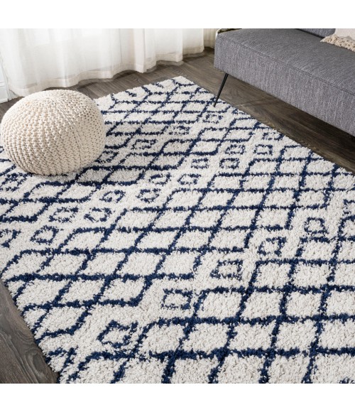 LONDON SHAG Area Rug Sineu Moroccan Diamond Shag Beige/Navy 3 ft. x 5 ft. Area Rug