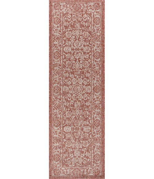 SANTA MONICA Area Rug Tela Bohemian Textured Weave Floral Red/Taupe 2 ft. x 8 ft. Indoor/Outdoor Runner Rug