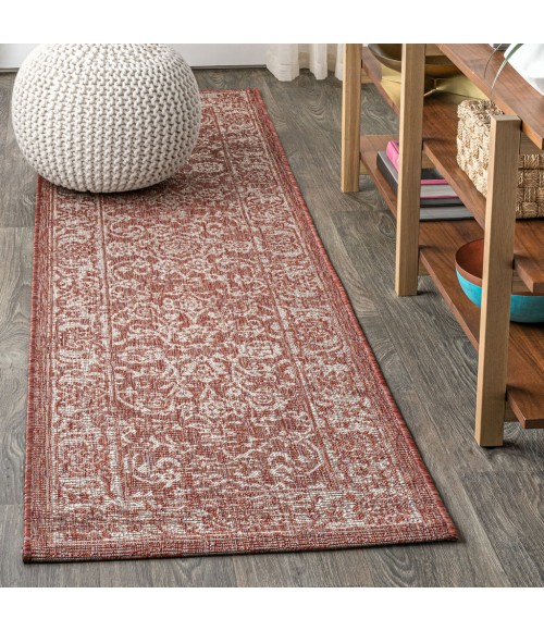 SANTA MONICA Area Rug Tela Bohemian Textured Weave Floral Red/Taupe 2 ft. x 8 ft. Indoor/Outdoor Runner Rug
