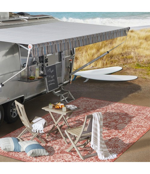 SANTA MONICA Area Rug Tela Bohemian Textured Weave Floral Red/Taupe 2 ft. x 8 ft. Indoor/Outdoor Runner Rug