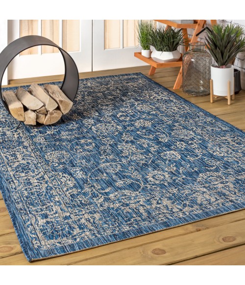 SANTA MONICA Area Rug Tela Bohemian Textured Weave Floral Navy/Gray 8 ft. x 10 ft. Indoor/Outdoor Area Rug