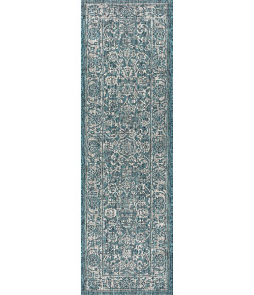 SANTA MONICA Area Rug Tela Bohemian Textured Weave Floral Teal/Gray 2 ft. x 10 ft. Indoor/Outdoor Runner Rug