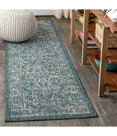 SANTA MONICA Area Rug Tela Bohemian Textured Weave Floral Teal/Gray 2 ft. x 10 ft. Indoor/Outdoor Runner Rug