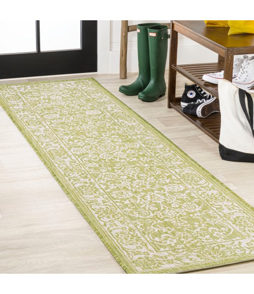 SANTA MONICA Area Rug Tela Bohemian Textured Weave Floral Green/Cream 2 ft. x 10 ft. Indoor/Outdoor Runner Rug