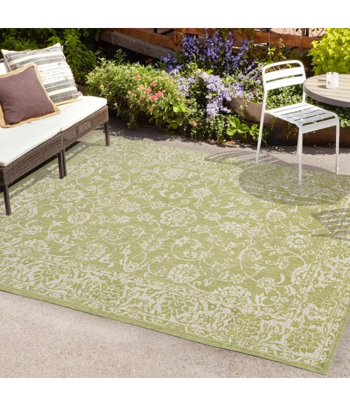 SANTA MONICA Area Rug Tela Bohemian Textured Weave Floral Green/Cream 9 ft. x 12 ft. Indoor/Outdoor Area Rug