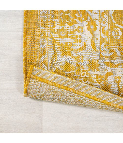SANTA MONICA Area Rug Tela Bohemian Textured Weave Floral Yellow/Cream 5' Round Indoor/Outdoor Area Rug