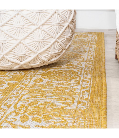SANTA MONICA Area Rug Tela Bohemian Textured Weave Floral Yellow/Cream 5' Round Indoor/Outdoor Area Rug