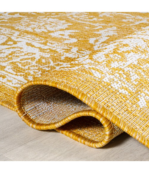 SANTA MONICA Area Rug Tela Bohemian Textured Weave Floral Yellow/Cream 5' Round Indoor/Outdoor Area Rug