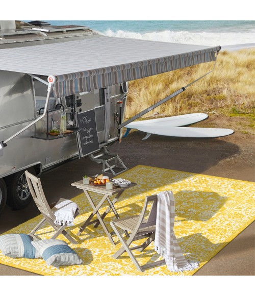 SANTA MONICA Area Rug Tela Bohemian Textured Weave Floral Yellow/Cream 5' Round Indoor/Outdoor Area Rug