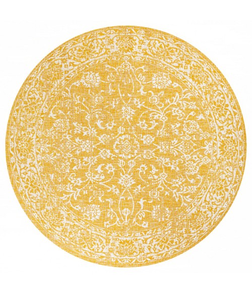 SANTA MONICA Area Rug Tela Bohemian Textured Weave Floral Yellow/Cream 5' Round Indoor/Outdoor Area Rug