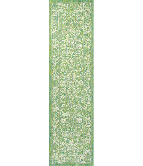 SANTA MONICA Area Rug Tela Bohemian Textured Weave Floral Cream/Green 2 ft. x 8 ft. Indoor/Outdoor Runner Rug