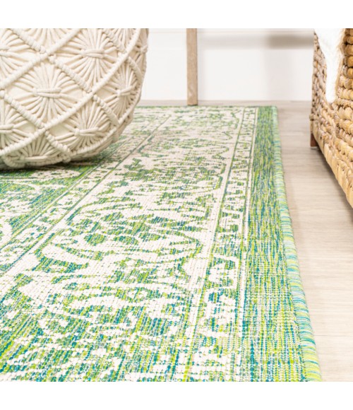 SANTA MONICA Area Rug Tela Bohemian Textured Weave Floral Cream/Green 5' Square Indoor/Outdoor Area Rug