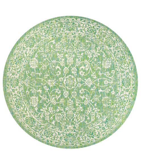 SANTA MONICA Area Rug Tela Bohemian Textured Weave Floral Cream/Green 5' Round Indoor/Outdoor Area Rug