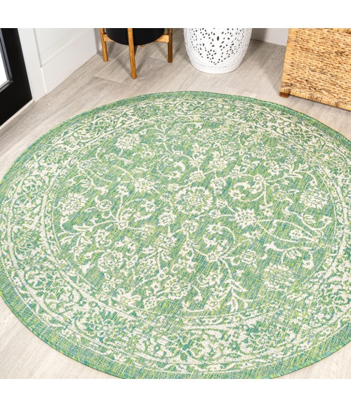 SANTA MONICA Area Rug Tela Bohemian Textured Weave Floral Cream/Green 5' Round Indoor/Outdoor Area Rug