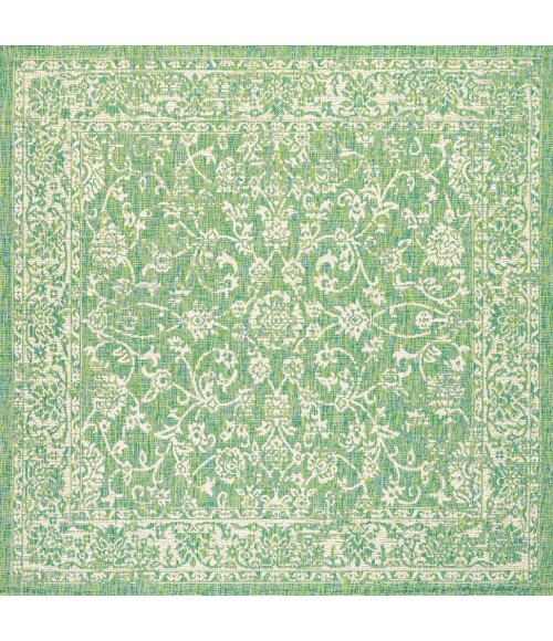 SANTA MONICA Area Rug Tela Bohemian Textured Weave Floral Cream/Green 5' Square Indoor/Outdoor Area Rug