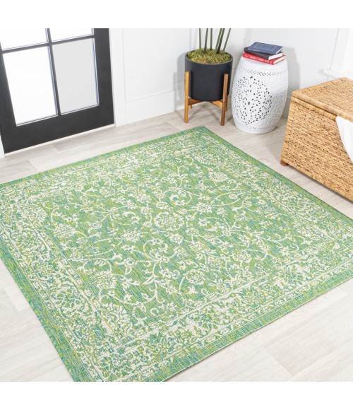 SANTA MONICA Area Rug Tela Bohemian Textured Weave Floral Cream/Green 5' Square Indoor/Outdoor Area Rug