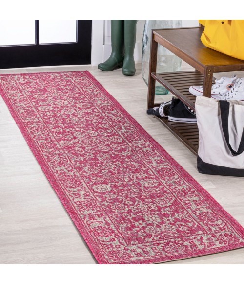 SANTA MONICA Area Rug Tela Bohemian Textured Weave Floral Fuchsia/Light Gray 2 ft. x 8 ft. Indoor/Outdoor Runner Rug