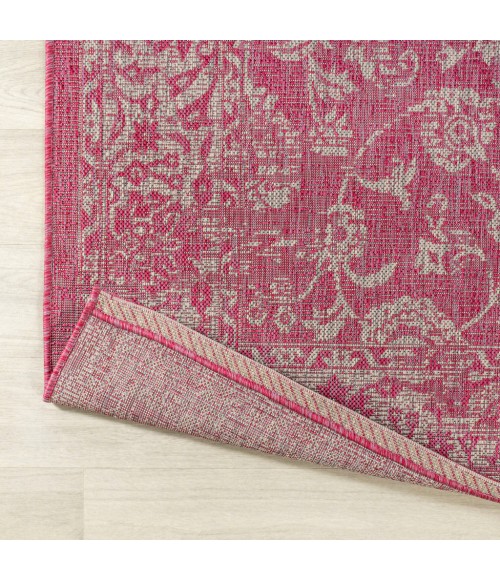 Tela Bohemian Textured Weave Floral Fuchsia/Light Gray 5' Round Indoor/Outdoor Area Rug