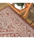 SANTA MONICA Area Rug Sinjuri Medallion Textured Weave Red/Taupe 5' Round Indoor/Outdoor Area Rug