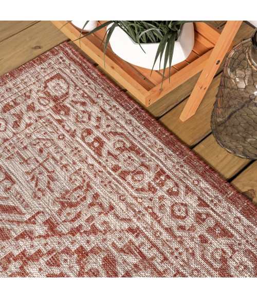 SANTA MONICA Area Rug Sinjuri Medallion Textured Weave Red/Taupe 5' Round Indoor/Outdoor Area Rug