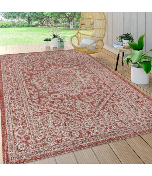 Sinjuri Medallion Textured Weave Red/Taupe 8 ft. x 10 ft. Indoor/Outdoor Area Rug