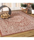 Sinjuri Medallion Textured Weave Red/Taupe 8 ft. x 10 ft. Indoor/Outdoor Area Rug