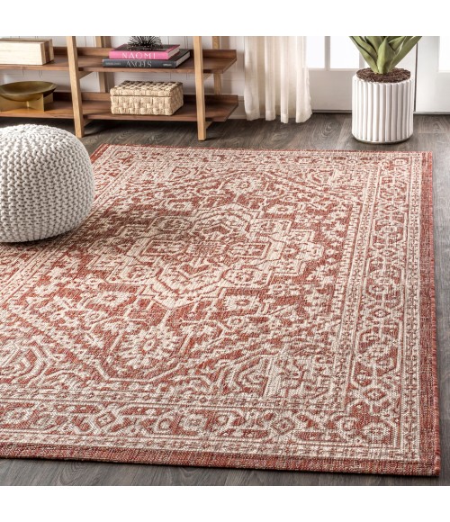 Sinjuri Medallion Textured Weave Red/Taupe 8 ft. x 10 ft. Indoor/Outdoor Area Rug