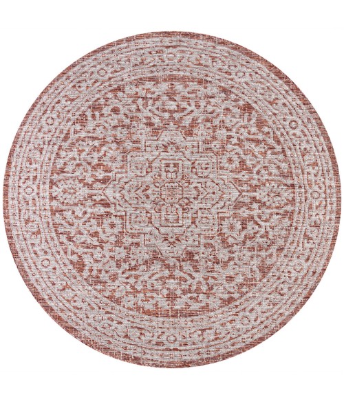 SANTA MONICA Area Rug Sinjuri Medallion Textured Weave Red/Taupe 5' Round Indoor/Outdoor Area Rug