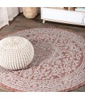 SANTA MONICA Area Rug Sinjuri Medallion Textured Weave Red/Taupe 5' Round Indoor/Outdoor Area Rug