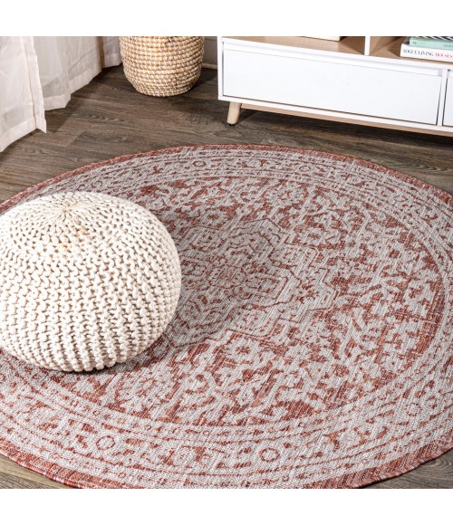 SANTA MONICA Area Rug Sinjuri Medallion Textured Weave Red/Taupe 5' Round Indoor/Outdoor Area Rug