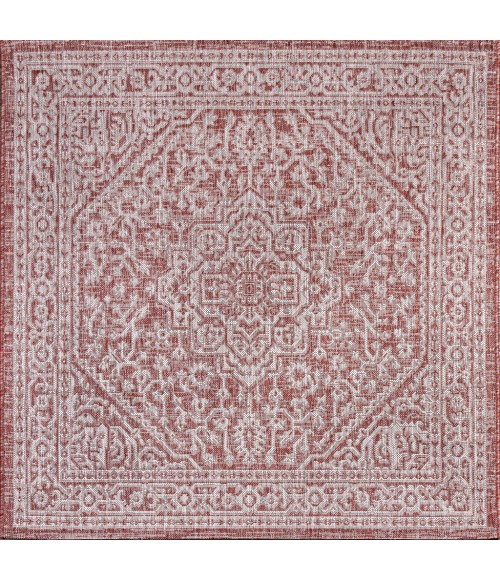 SANTA MONICA Area Rug Sinjuri Medallion Textured Weave Red/Taupe 5' Square Indoor/Outdoor Area Rug