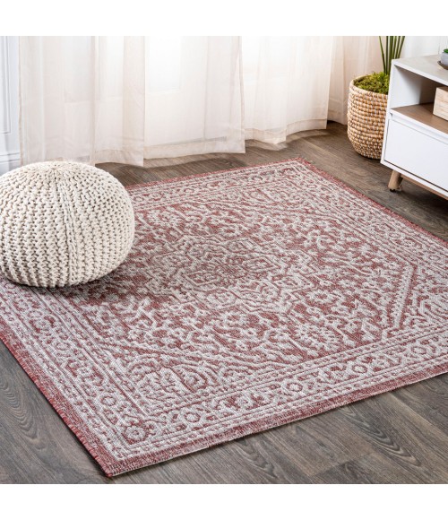 SANTA MONICA Area Rug Sinjuri Medallion Textured Weave Red/Taupe 5' Square Indoor/Outdoor Area Rug