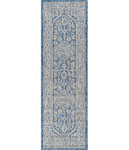 SANTA MONICA Area Rug Sinjuri Medallion Textured Weave Navy/Gray 2 ft. x 8 ft. Indoor/Outdoor Runner Rug