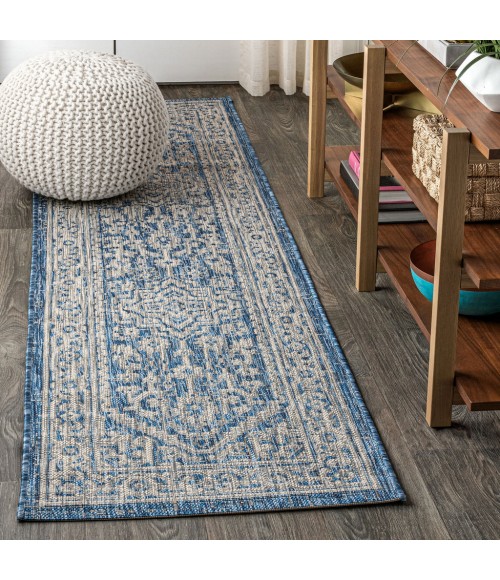 SANTA MONICA Area Rug Sinjuri Medallion Textured Weave Navy/Gray 2 ft. x 8 ft. Indoor/Outdoor Runner Rug