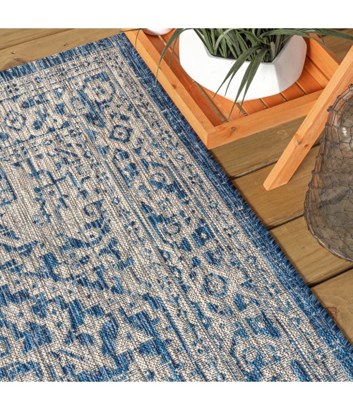 SANTA MONICA Area Rug Sinjuri Medallion Textured Weave Navy/Gray 5' Square Indoor/Outdoor Area Rug