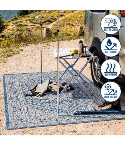 SANTA MONICA Area Rug Sinjuri Medallion Textured Weave Navy/Gray 5' Square Indoor/Outdoor Area Rug
