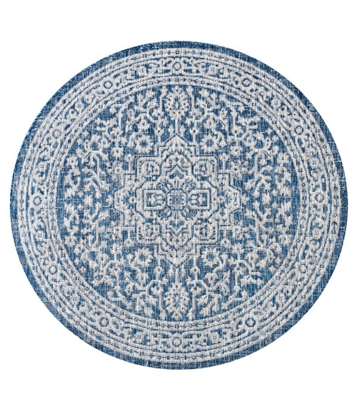 Sinjuri Medallion Textured Weave Navy/Gray 5' Round Indoor/Outdoor Area Rug