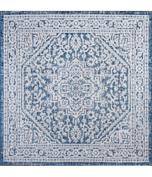 SANTA MONICA Area Rug Sinjuri Medallion Textured Weave Navy/Gray 5' Square Indoor/Outdoor Area Rug