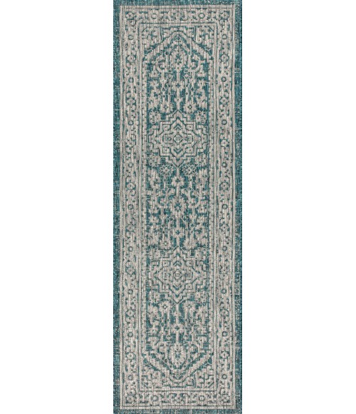 SANTA MONICA Area Rug Sinjuri Medallion Textured Weave Teal Blue/Gray 2 ft. x 10 ft. Indoor/Outdoor Runner Rug