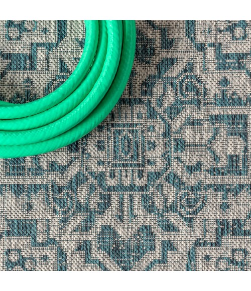 SANTA MONICA Area Rug Sinjuri Medallion Textured Weave Teal Blue/Gray 5' Square Indoor/Outdoor Area Rug