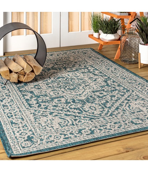 SANTA MONICA Area Rug Sinjuri Medallion Textured Weave Teal Blue/Gray 9 ft. x 12 ft. Indoor/Outdoor Area Rug