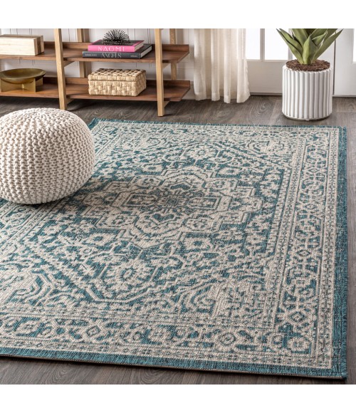 SANTA MONICA Area Rug Sinjuri Medallion Textured Weave Teal Blue/Gray 9 ft. x 12 ft. Indoor/Outdoor Area Rug