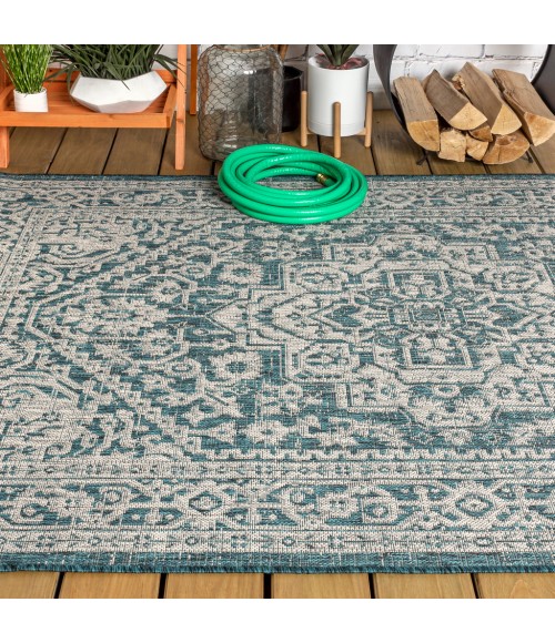 SANTA MONICA Area Rug Sinjuri Medallion Textured Weave Teal Blue/Gray 9 ft. x 12 ft. Indoor/Outdoor Area Rug