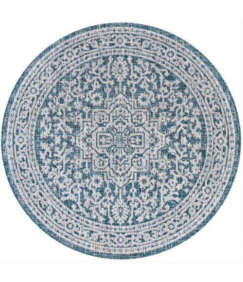 Sinjuri Medallion Textured Weave  Teal Blue/Gray 5' Round Indoor/Outdoor Area Rug