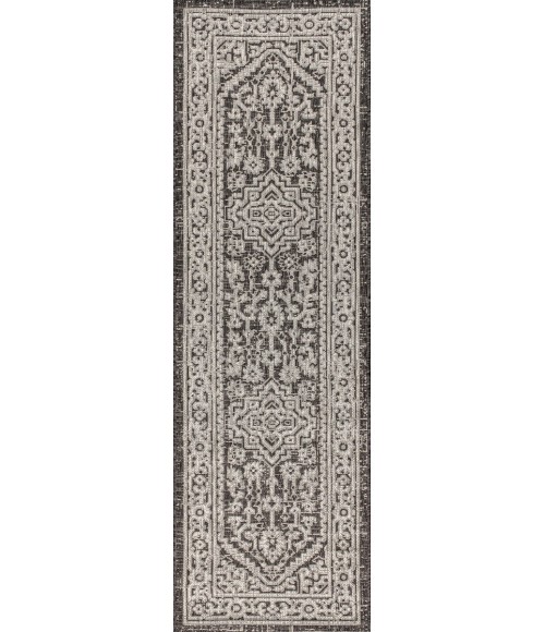SANTA MONICA Area Rug Sinjuri Medallion Textured Weave Gray/Black 2 ft. x 10 ft. Indoor/Outdoor Runner Rug