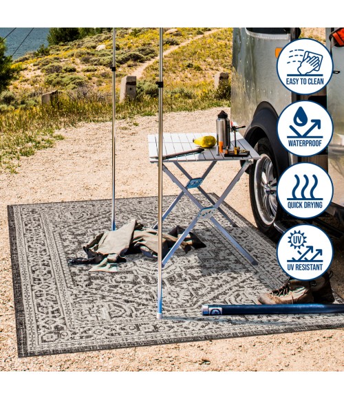 SANTA MONICA Area Rug Sinjuri Medallion Textured Weave Gray/Black 5' Square Indoor/Outdoor Area Rug