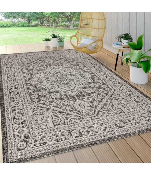 SANTA MONICA Area Rug Sinjuri Medallion Textured Weave Gray/Black 9 ft. x 12 ft. Indoor/Outdoor Area Rug